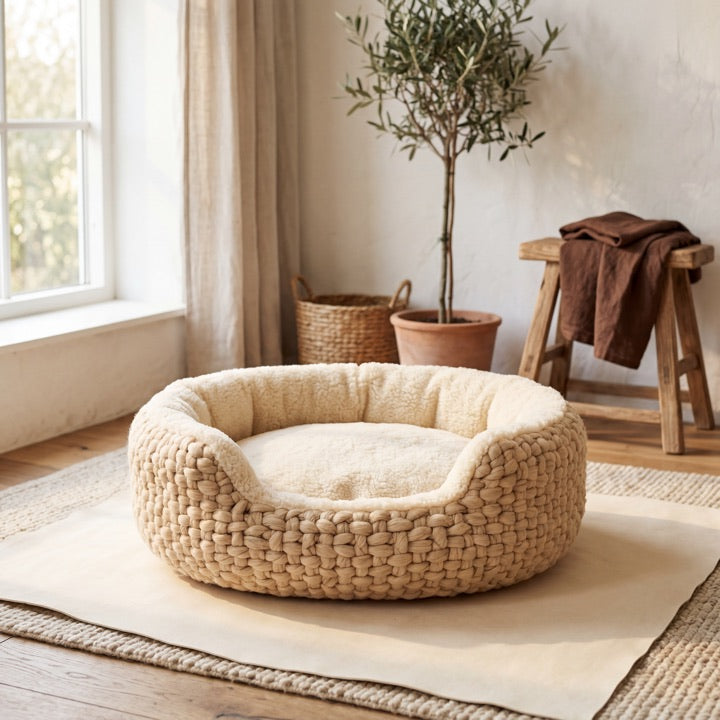 A cozy knitted pet bed in a sunlit room