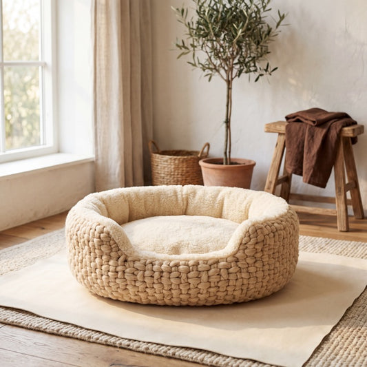 A cozy knitted pet bed in a sunlit room