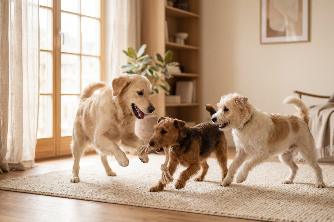 Happy dogs playing at home