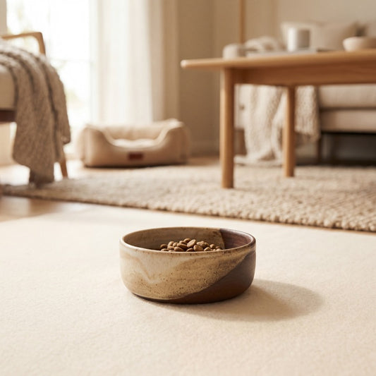 A ceramic pet bowl on a warm floor