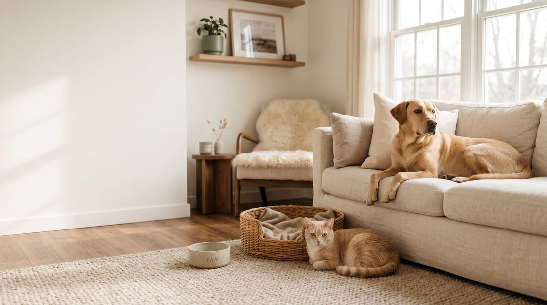 A dog and cat relaxing together at home
