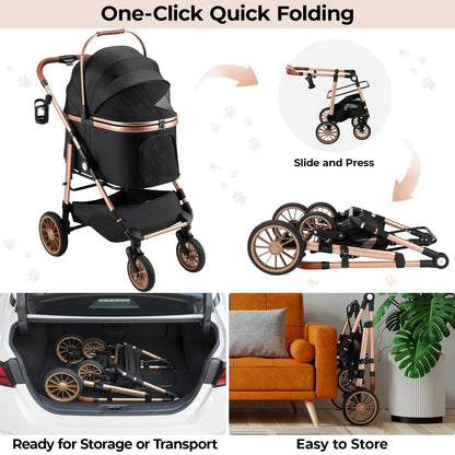 TLGREEN Pet Stroller for Medium Dogs Cats up to 55 Lbs, All-Terrain 3-In-1 Dog Stroller with Detachable Carrier, Rubber Wheels, One-Click Folding, Storage Basket & Cup Holder, for Senior Dogs & Cats