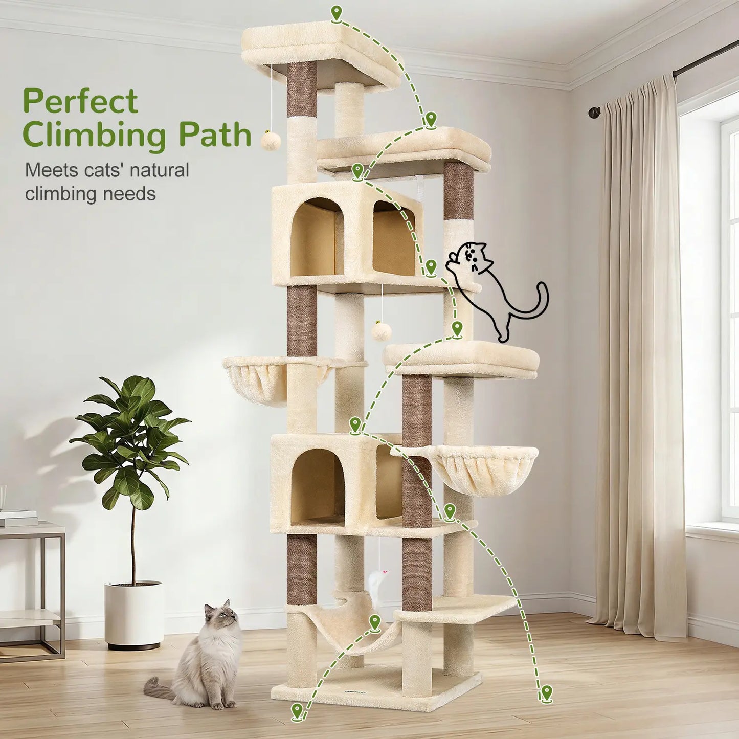 Globlazer Heavy Duty 82" Cat Mansion, Space-Saving Corner Cat Furniture with 2 Condos & 7 Sisal Scratching Posts