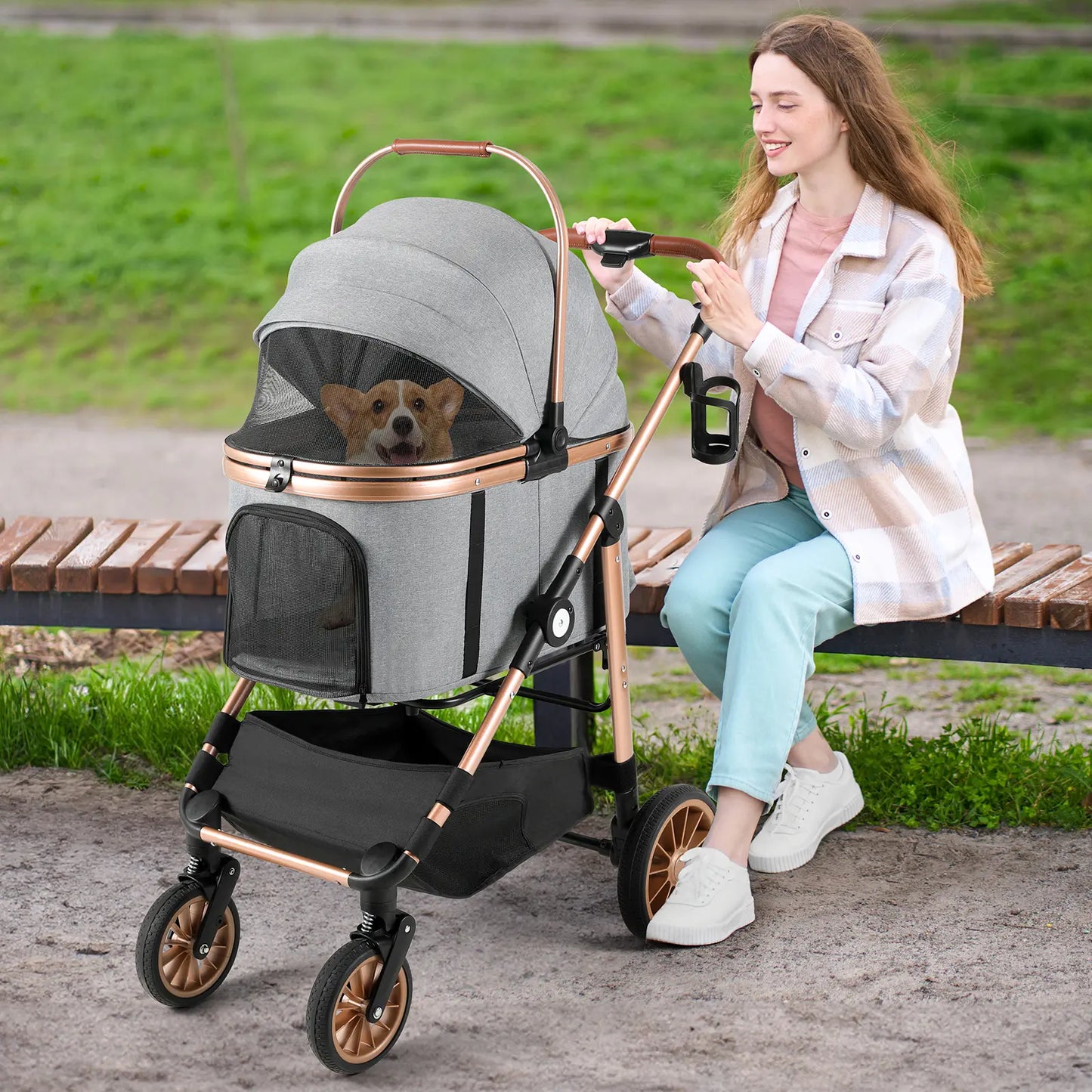 TLGREEN Pet Stroller for Medium Dogs Cats up to 55 Lbs, All-Terrain 3-In-1 Dog Stroller with Detachable Carrier, Rubber Wheels, One-Click Folding, Storage Basket & Cup Holder, for Senior Dogs & Cats