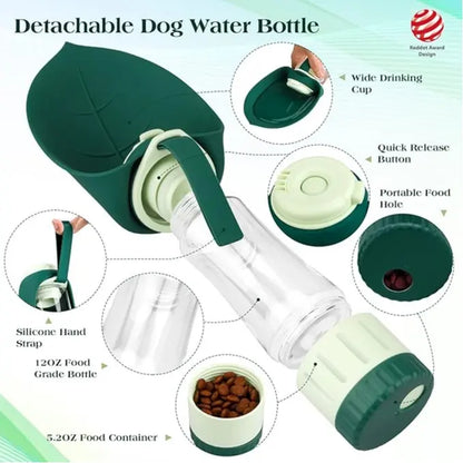 Hydro Paw Portable Dog Water Bottle Dispenser with Detachable Food Container & Wide Drinking Cup for Outdoor Activities Green