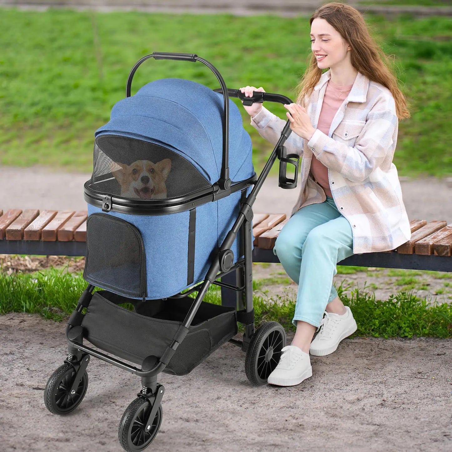 TLGREEN Pet Stroller for Medium Dogs Cats up to 55 Lbs, All-Terrain 3-In-1 Dog Stroller with Detachable Carrier, Rubber Wheels, One-Click Folding, Storage Basket & Cup Holder, for Senior Dogs & Cats