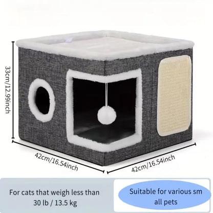4-In-1 Foldable Cat House Villa - Luxury Indoor Cat Condo with Scratch Pad & Reversible Cushion Cat Stuff for Indoor Multi-Functional Pet Hideaway