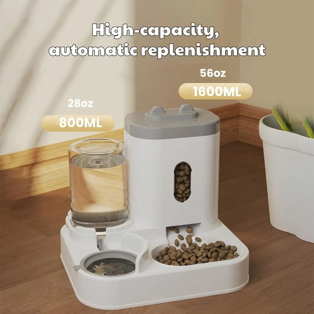 Automatic Feeder Dog Cat Food Bowl with Water Fountain Large Capacity Pet Food Storage Dispenser Container Puppy Pet Accessories (Gray)