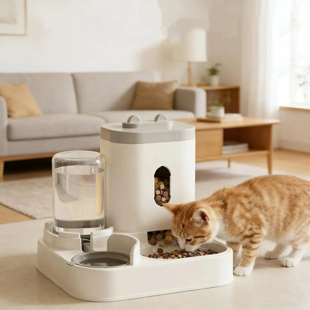 Automatic Feeder Dog Cat Food Bowl with Water Fountain Large Capacity Pet Food Storage Dispenser Container Puppy Pet Accessories (Gray)