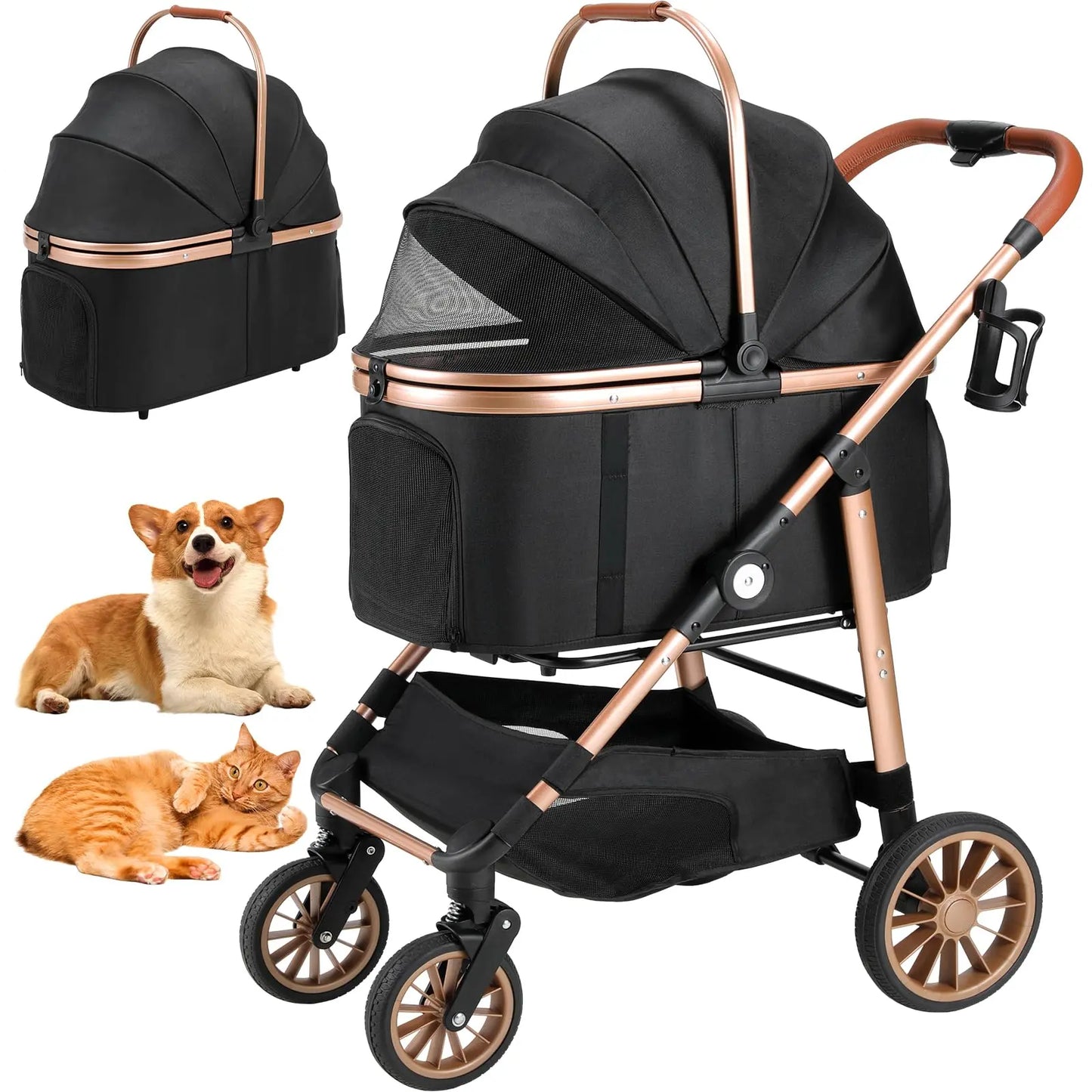 TLGREEN Pet Stroller for Medium Dogs Cats up to 55 Lbs, All-Terrain 3-In-1 Dog Stroller with Detachable Carrier, Rubber Wheels, One-Click Folding, Storage Basket & Cup Holder, for Senior Dogs & Cats
