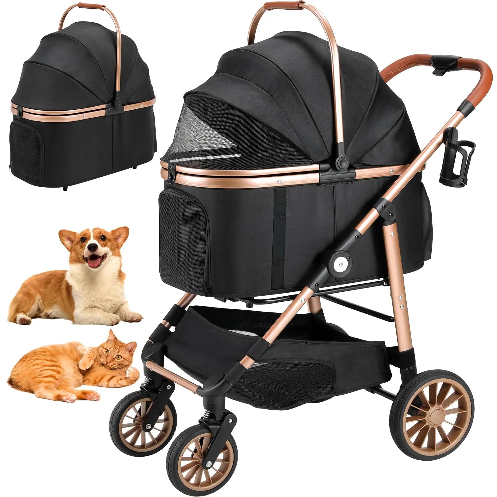 TLGREEN Pet Stroller for Medium Dogs Cats up to 55 Lbs, All-Terrain 3-In-1 Dog Stroller with Detachable Carrier, Rubber Wheels, One-Click Folding, Storage Basket & Cup Holder, for Senior Dogs & Cats