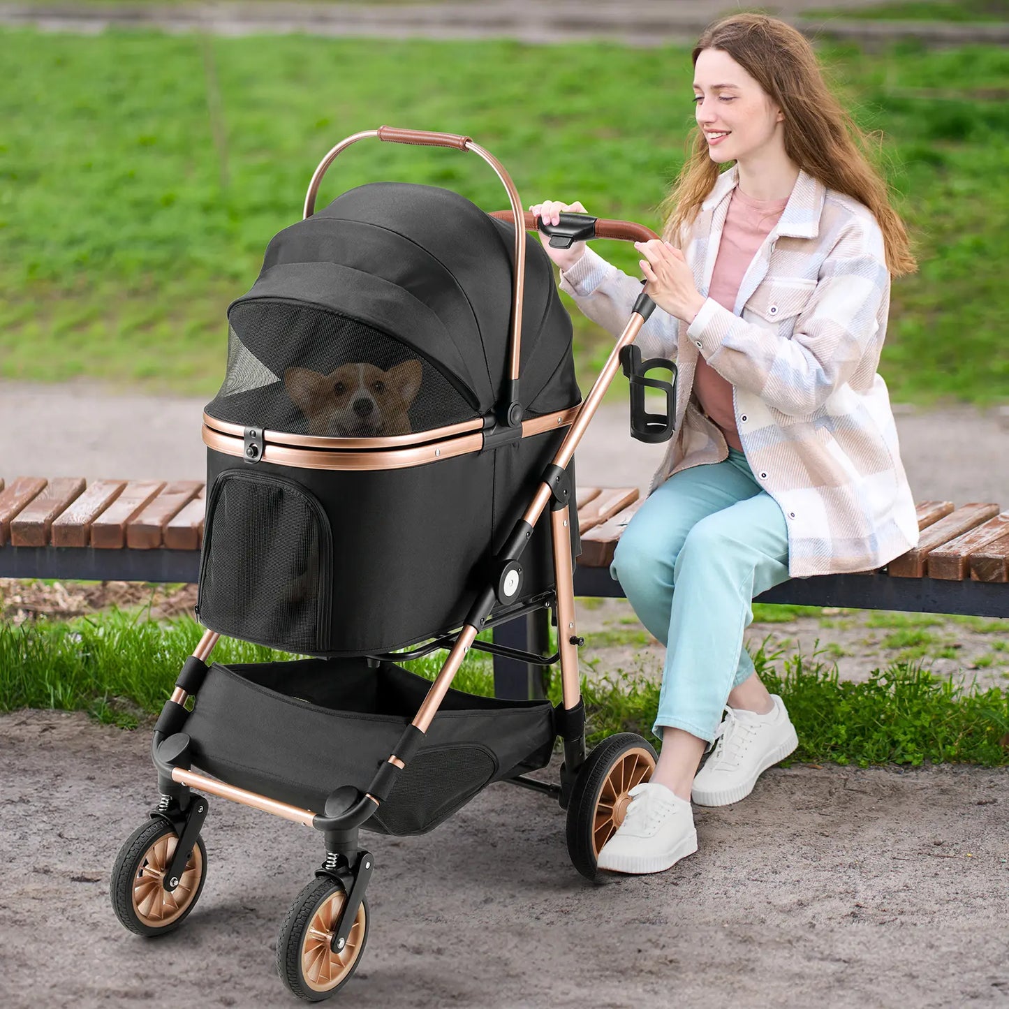 TLGREEN Pet Stroller for Medium Dogs Cats up to 55 Lbs, All-Terrain 3-In-1 Dog Stroller with Detachable Carrier, Rubber Wheels, One-Click Folding, Storage Basket & Cup Holder, for Senior Dogs & Cats
