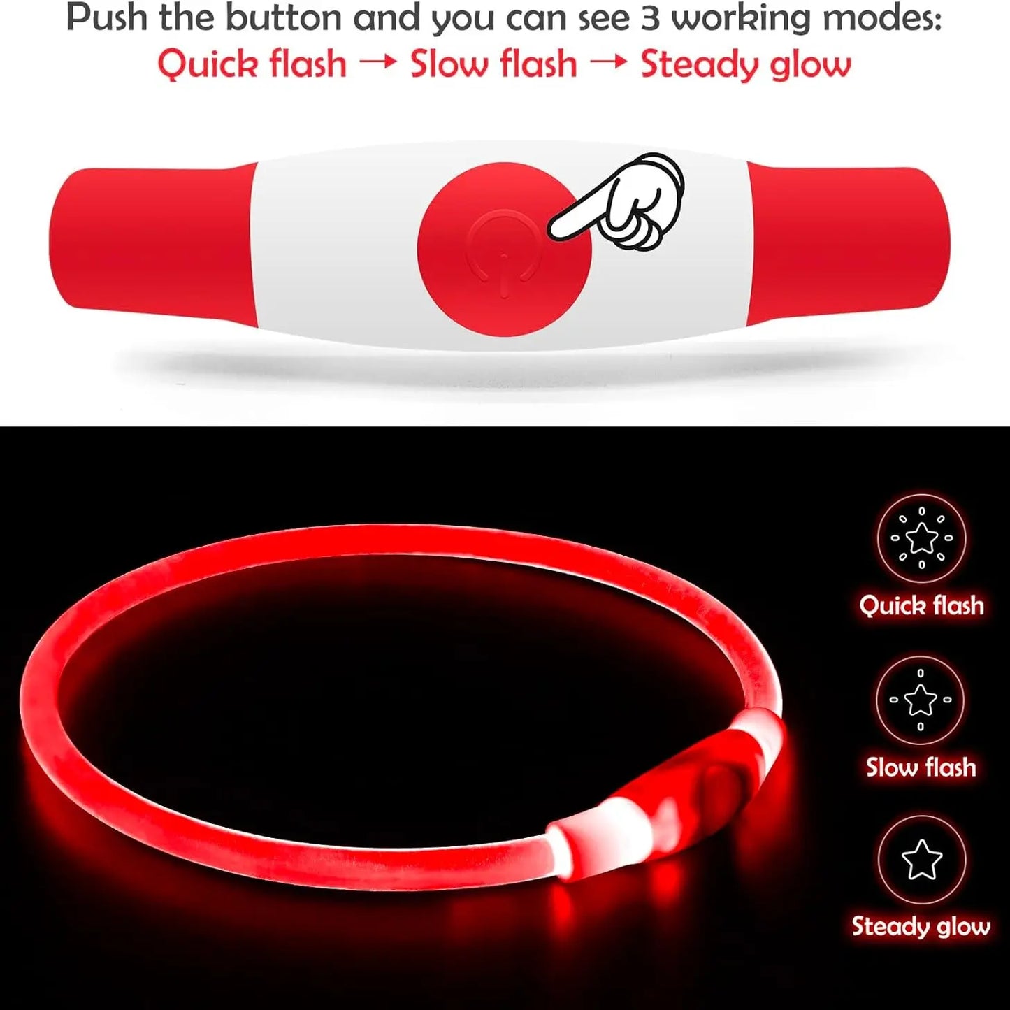 Led Dog Collar, USB Rechargeable Flash Dog Necklace Light, Pet Safety Collar Makes Your Beloved Dogs Be Seen at Night for Small Medium Large Dogs(Red/Blue)