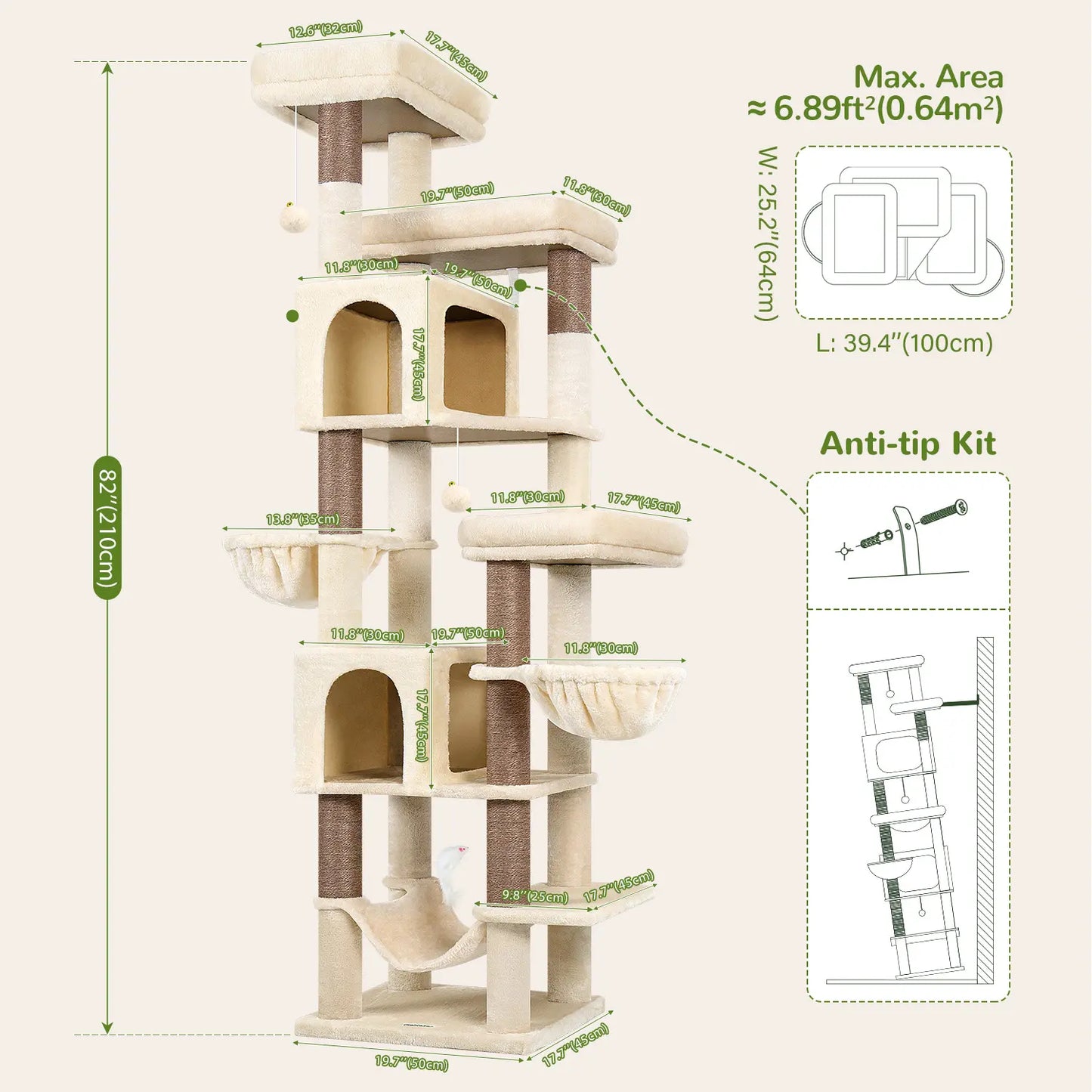Globlazer Heavy Duty 82" Cat Mansion, Space-Saving Corner Cat Furniture with 2 Condos & 7 Sisal Scratching Posts