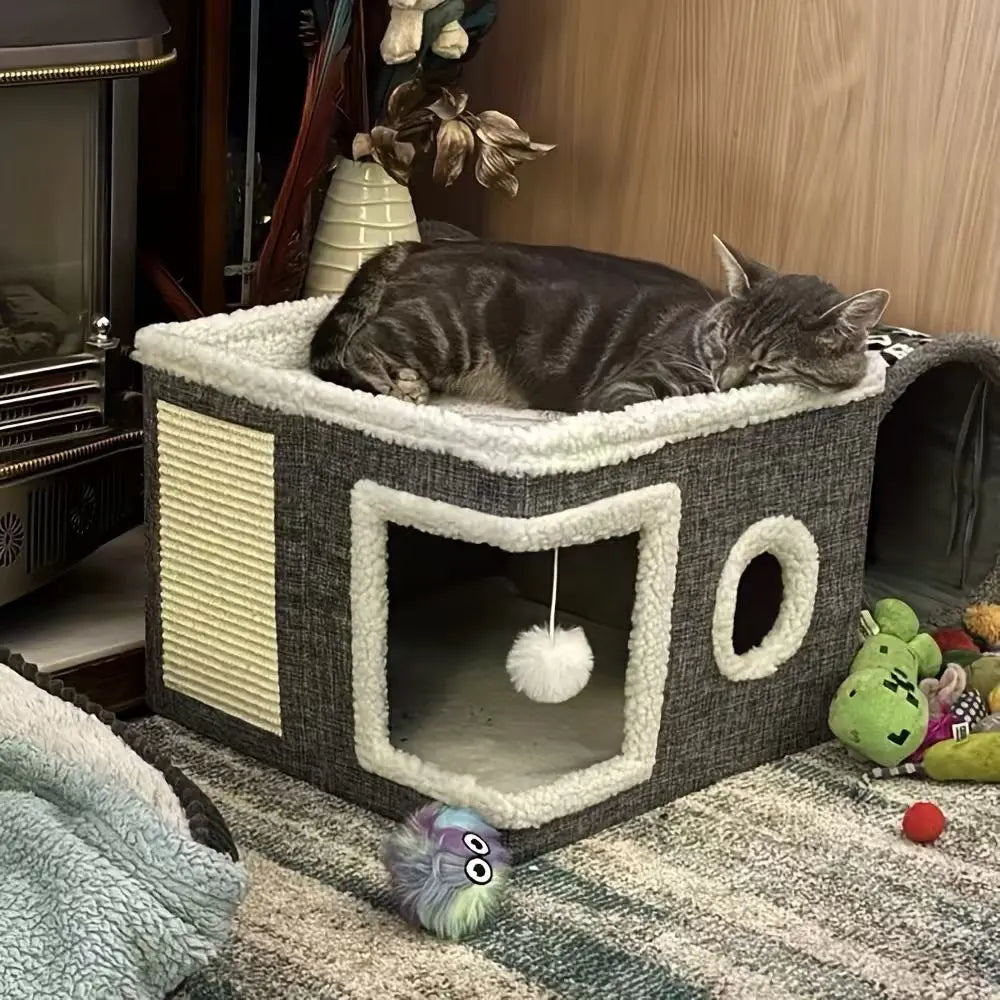 4-In-1 Foldable Cat House Villa - Luxury Indoor Cat Condo with Scratch Pad & Reversible Cushion Cat Stuff for Indoor Multi-Functional Pet Hideaway
