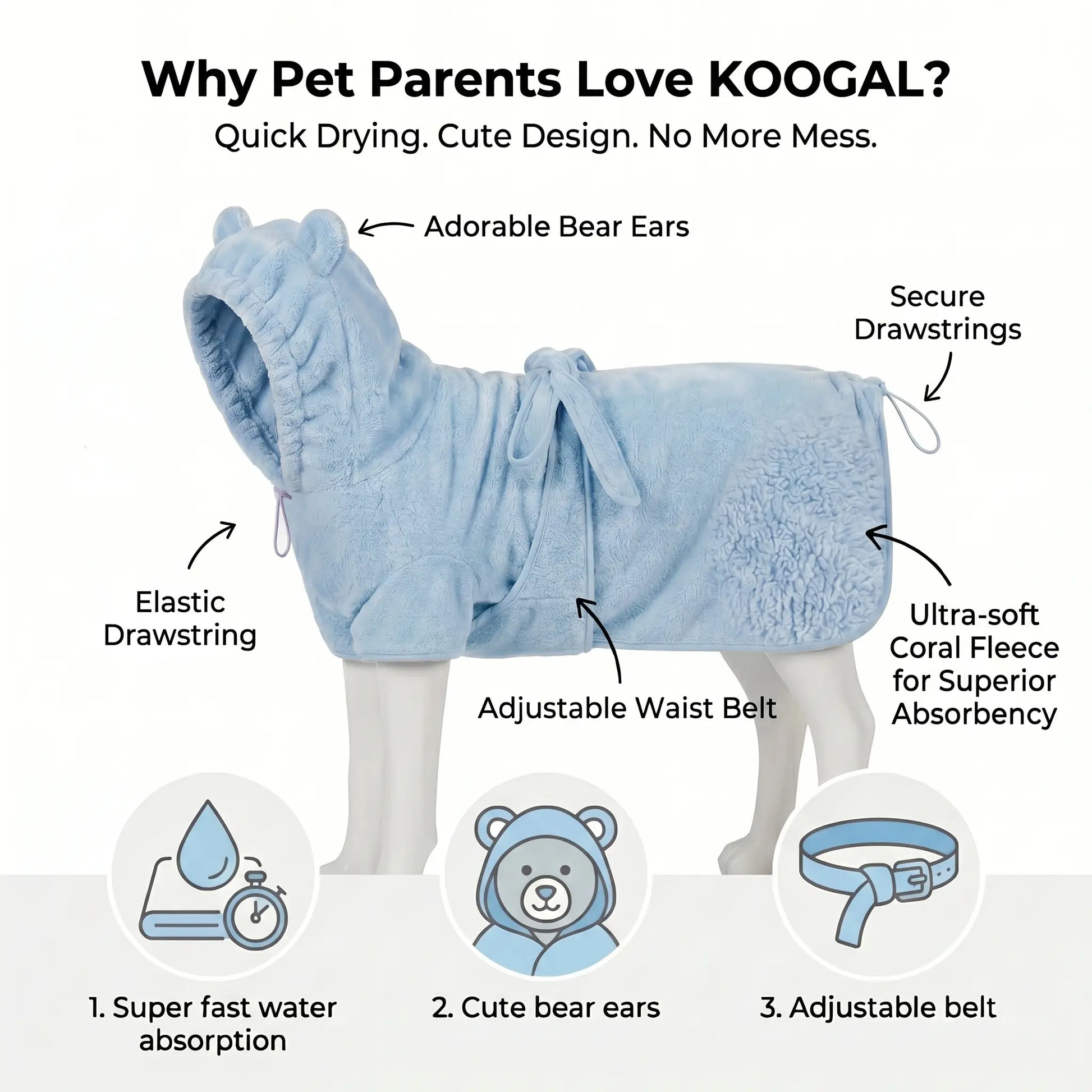 Koogal Cute Bear Ears Hooded Dog Bath Robe and Towels for Drying with Adjustable Waistband Quick-Dry Microfiber for Small Medium Large Dogs 6 to 115 Lbs