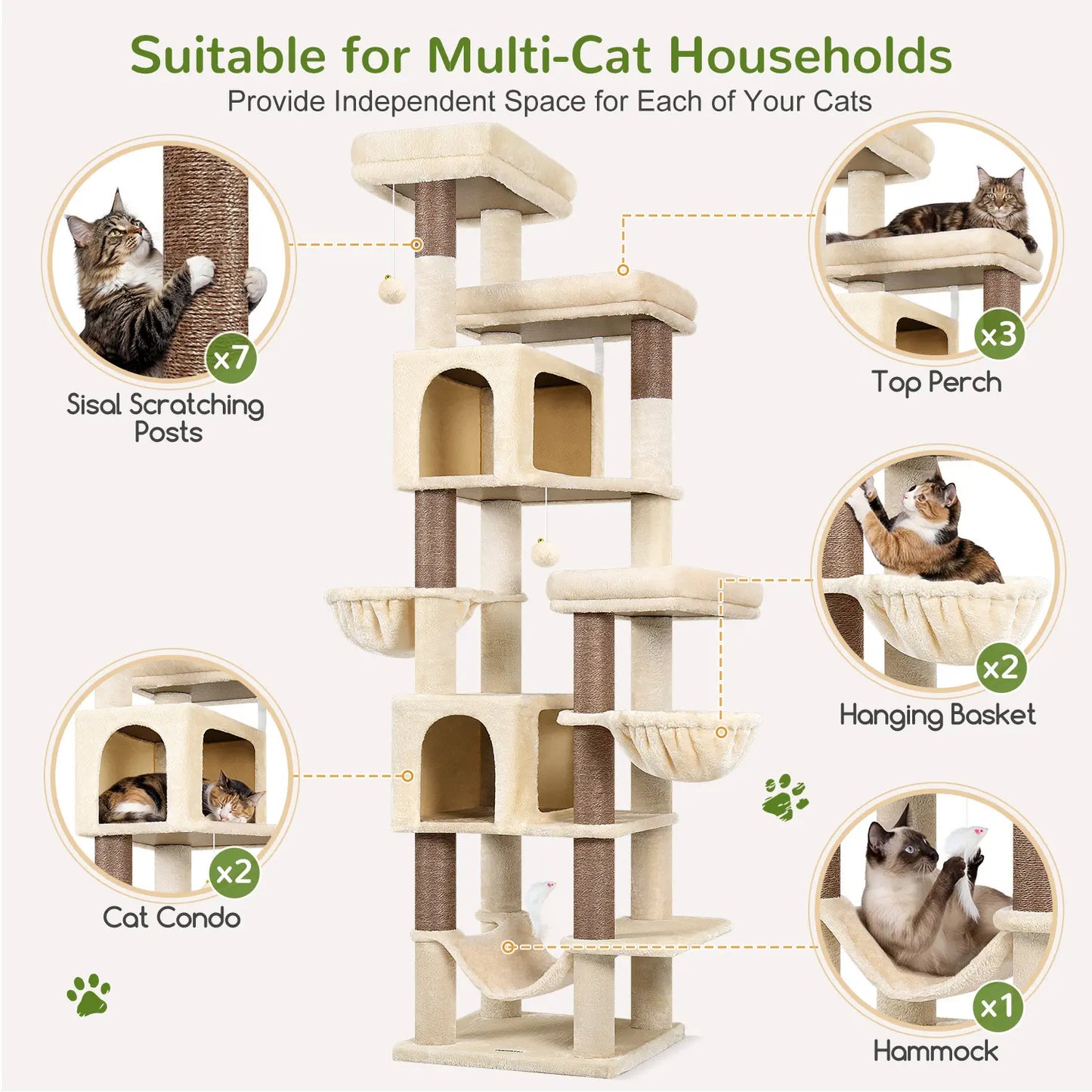 Globlazer Heavy Duty 82" Cat Mansion, Space-Saving Corner Cat Furniture with 2 Condos & 7 Sisal Scratching Posts