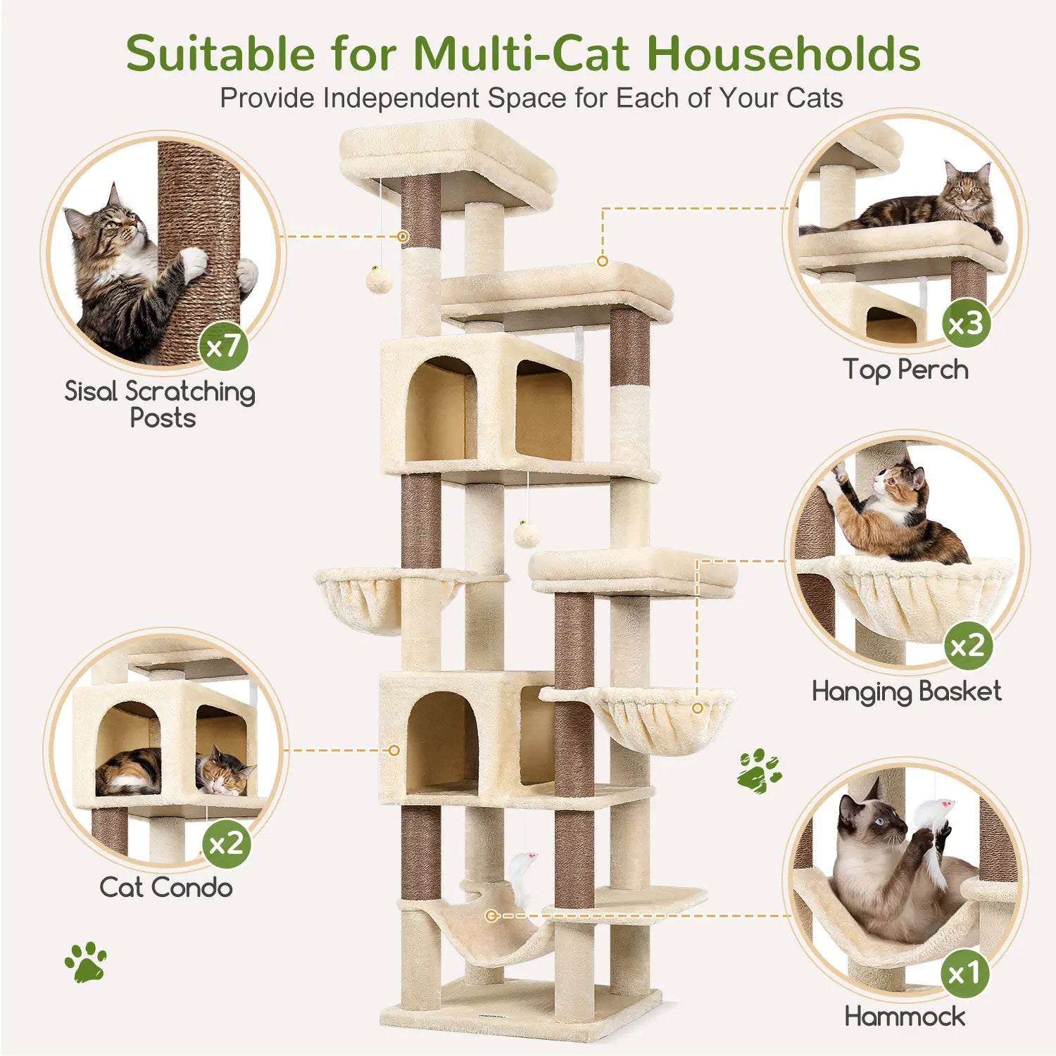 Globlazer Heavy Duty 82" Cat Mansion, Space-Saving Corner Cat Furniture with 2 Condos & 7 Sisal Scratching Posts