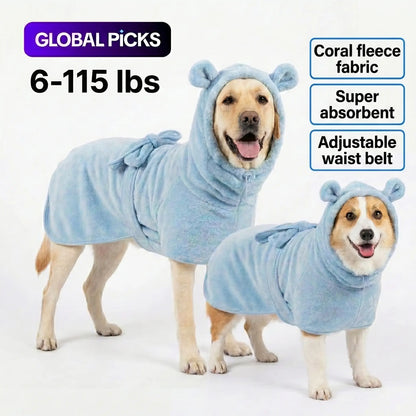 Koogal Cute Bear Ears Hooded Dog Bath Robe and Towels for Drying with Adjustable Waistband Quick-Dry Microfiber for Small Medium Large Dogs 6 to 115 Lbs