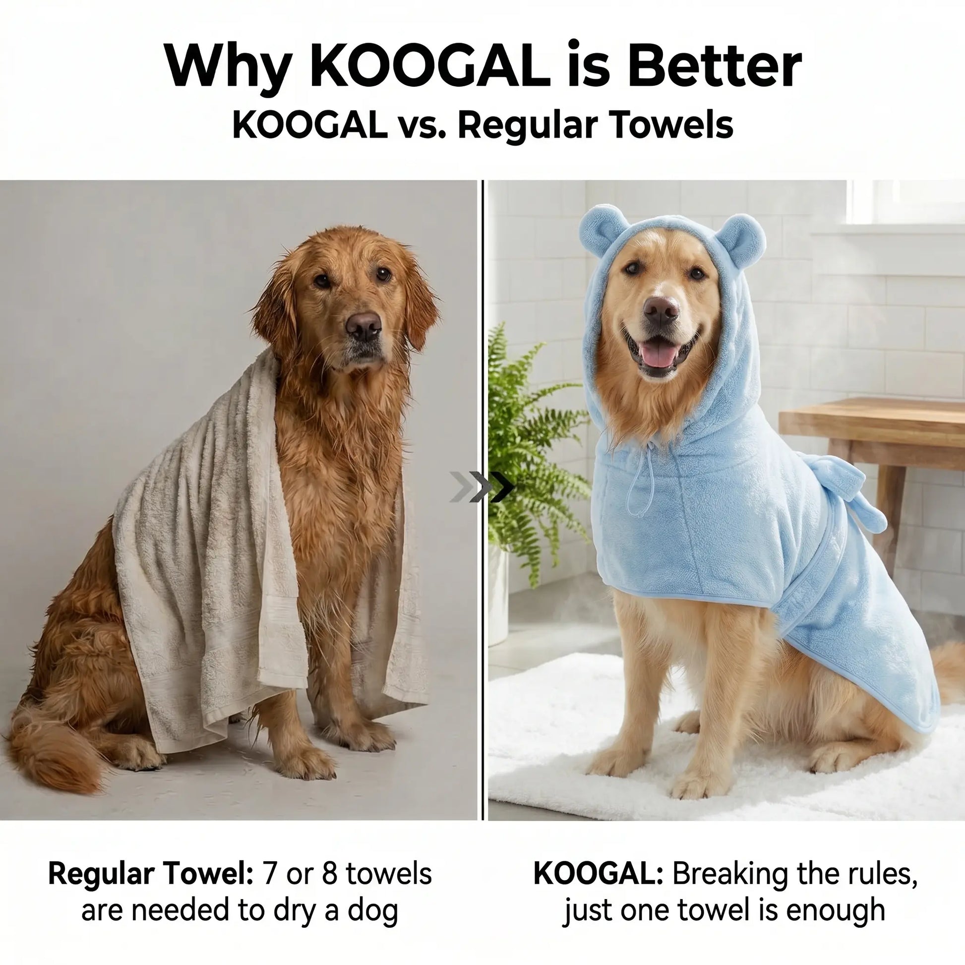 Koogal Cute Bear Ears Hooded Dog Bath Robe and Towels for Drying with Adjustable Waistband Quick-Dry Microfiber for Small Medium Large Dogs 6 to 115 Lbs