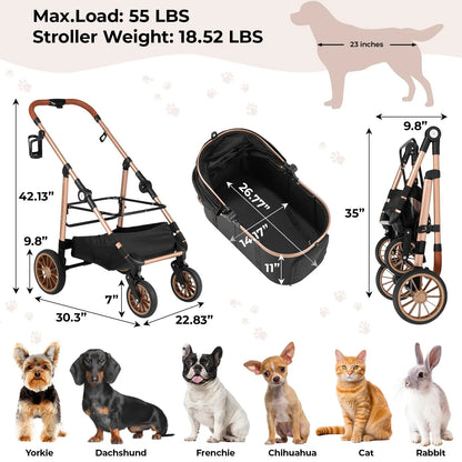 TLGREEN Pet Stroller for Medium Dogs Cats up to 55 Lbs, All-Terrain 3-In-1 Dog Stroller with Detachable Carrier, Rubber Wheels, One-Click Folding, Storage Basket & Cup Holder, for Senior Dogs & Cats