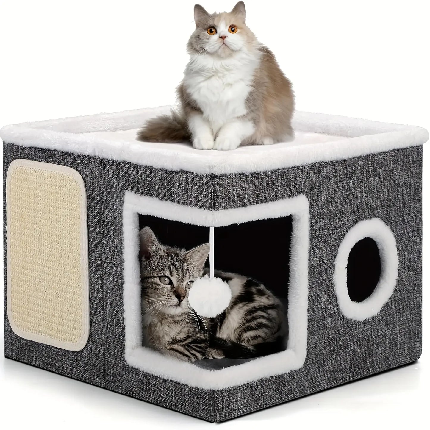 4-In-1 Foldable Cat House Villa - Luxury Indoor Cat Condo with Scratch Pad & Reversible Cushion Cat Stuff for Indoor Multi-Functional Pet Hideaway