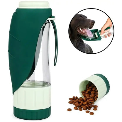 Hydro Paw Portable Dog Water Bottle Dispenser with Detachable Food Container & Wide Drinking Cup for Outdoor Activities Green