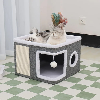 4-In-1 Foldable Cat House Villa - Luxury Indoor Cat Condo with Scratch Pad & Reversible Cushion Cat Stuff for Indoor Multi-Functional Pet Hideaway