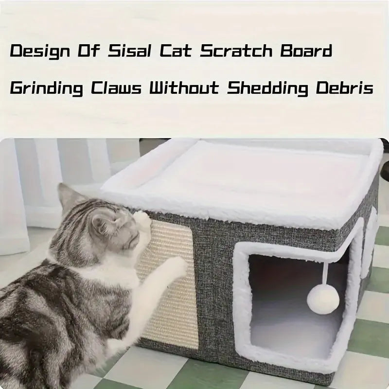4-In-1 Foldable Cat House Villa - Luxury Indoor Cat Condo with Scratch Pad & Reversible Cushion Cat Stuff for Indoor Multi-Functional Pet Hideaway