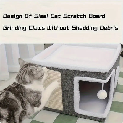 4-In-1 Foldable Cat House Villa - Luxury Indoor Cat Condo with Scratch Pad & Reversible Cushion Cat Stuff for Indoor Multi-Functional Pet Hideaway