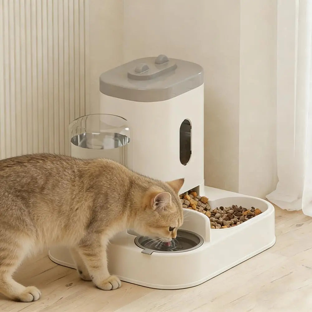 Automatic Feeder Dog Cat Food Bowl with Water Fountain Large Capacity Pet Food Storage Dispenser Container Puppy Pet Accessories (Gray)