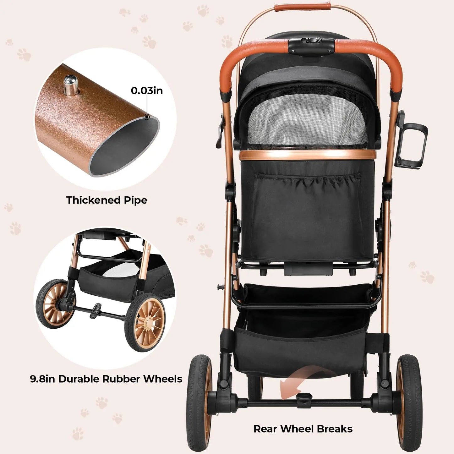 TLGREEN Pet Stroller for Medium Dogs Cats up to 55 Lbs, All-Terrain 3-In-1 Dog Stroller with Detachable Carrier, Rubber Wheels, One-Click Folding, Storage Basket & Cup Holder, for Senior Dogs & Cats