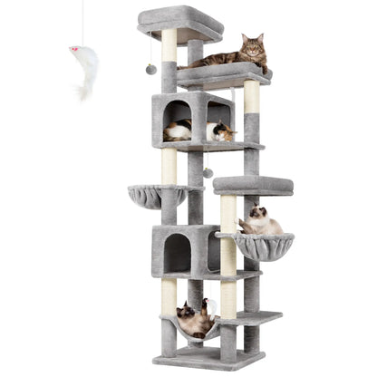 Globlazer Heavy Duty 82" Cat Mansion, Space-Saving Corner Cat Furniture with 2 Condos & 7 Sisal Scratching Posts