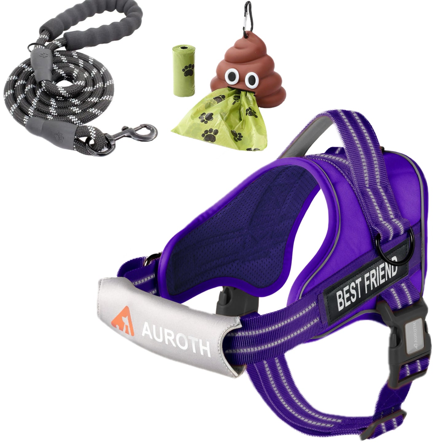 【#Summervibes #Petlovers】Auroth No Pull Dog Harness and Leash Combo with Cute Poop Bag Holder, Reflective Adjustable Soft Padded Safety Harness, Dog Poop Bag Dispenser with 1 Roll 15 Bags, Dog Walking & Training Kit for Small Medium Large Dogs