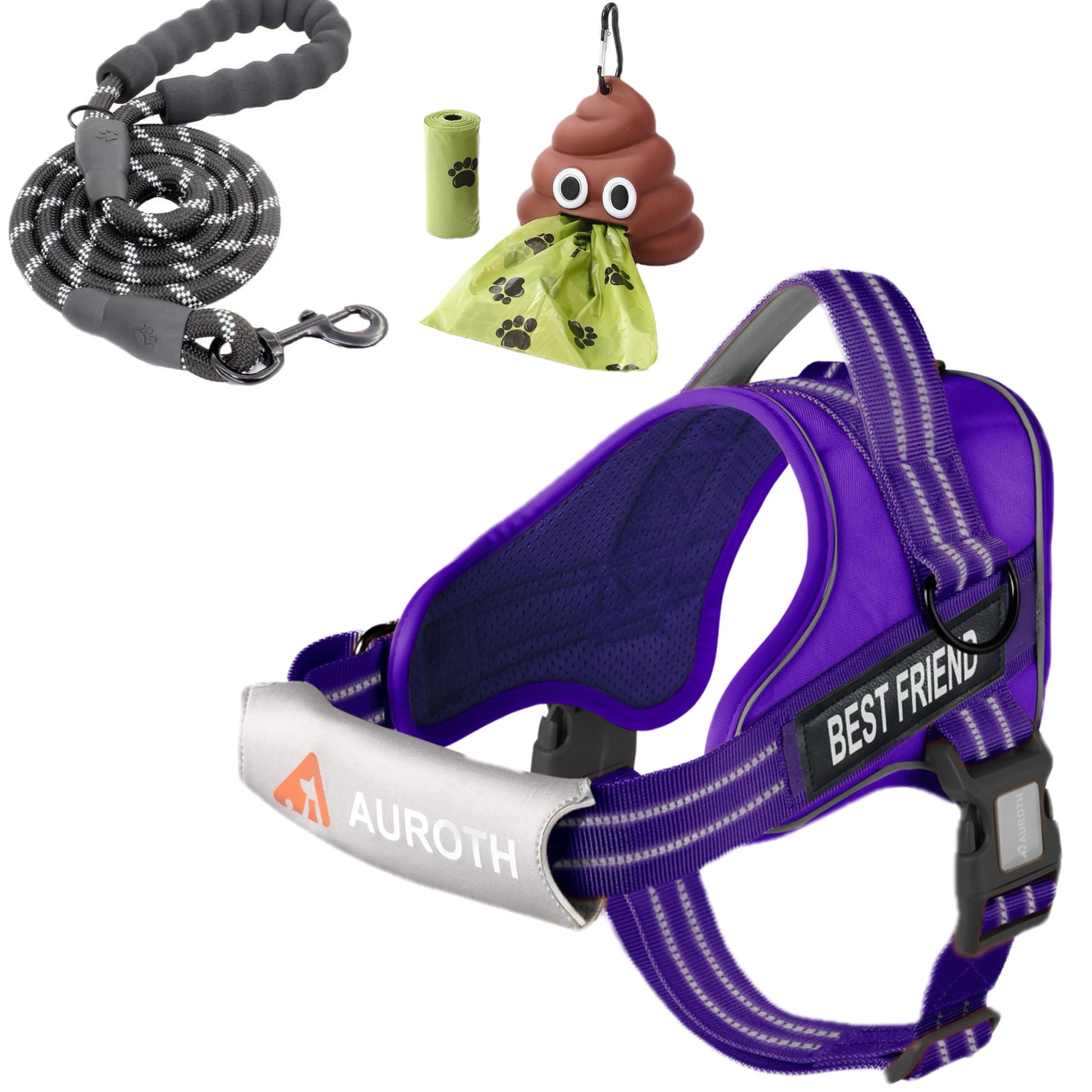 【#Summervibes #Petlovers】Auroth No Pull Dog Harness and Leash Combo with Cute Poop Bag Holder, Reflective Adjustable Soft Padded Safety Harness, Dog Poop Bag Dispenser with 1 Roll 15 Bags, Dog Walking & Training Kit for Small Medium Large Dogs
