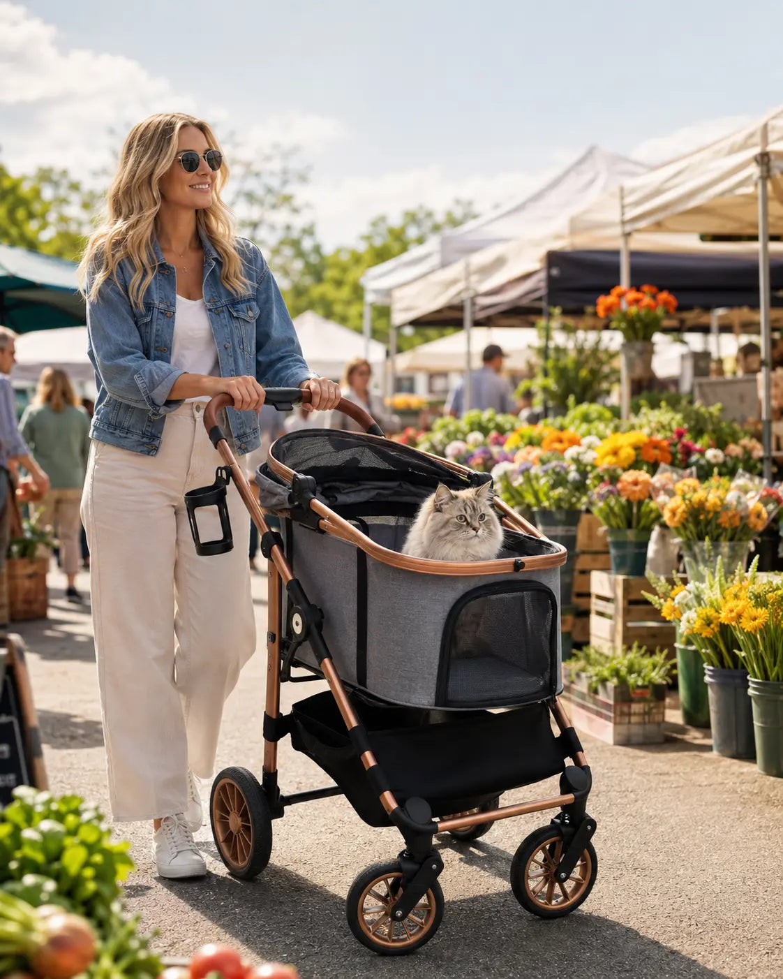 TLGREEN Pet Stroller for Medium Dogs Cats up to 55 Lbs, All-Terrain 3-In-1 Dog Stroller with Detachable Carrier, Rubber Wheels, One-Click Folding, Storage Basket & Cup Holder, for Senior Dogs & Cats
