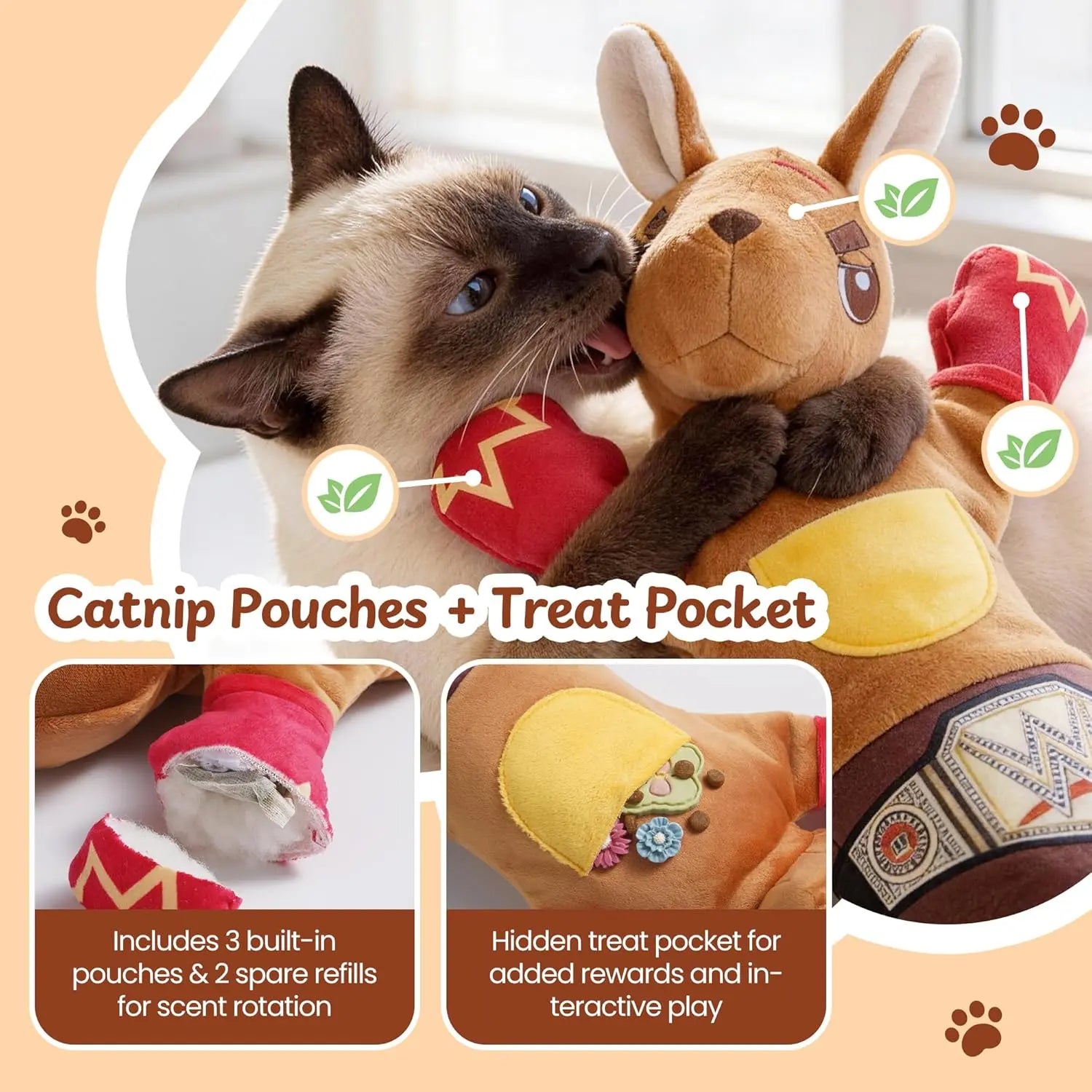 PURETOY Rumble Roo Cat Wrestling Toy #Summervibes #Petlovers, 22-Inch Kangaroo Puppet with Catnip Pouches & Treat Pocket, Reinforced Glove for Kicking, Bonding Toy for Cats