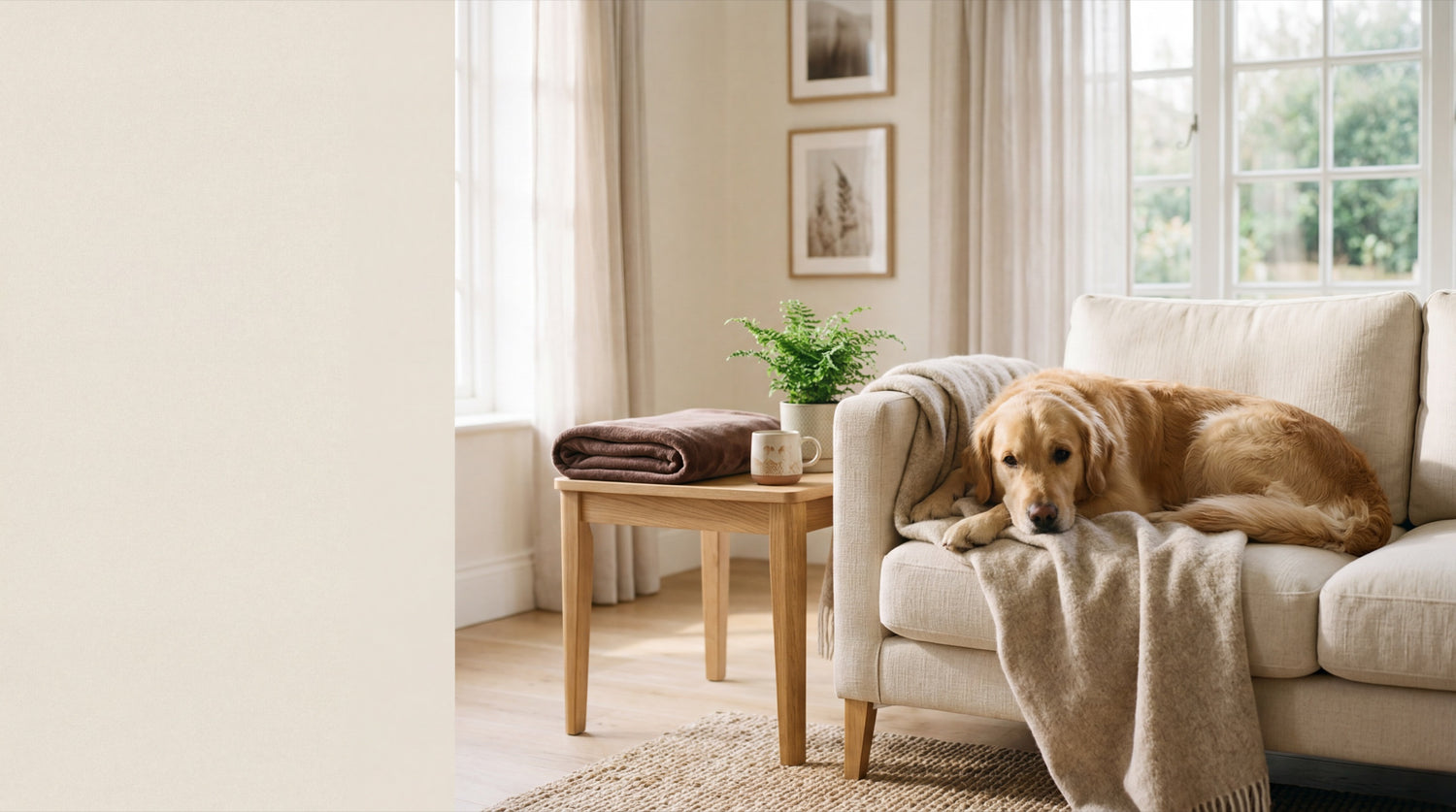A golden retriever resting on a cream sofa in a warm, sunlit living room with natural wood accents