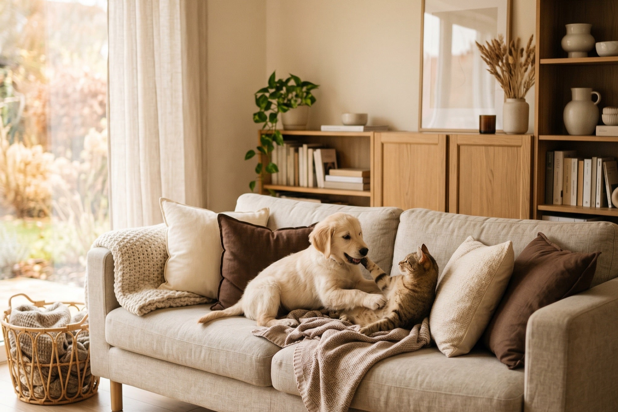 A dog and cat relaxing together on a cozy sofa