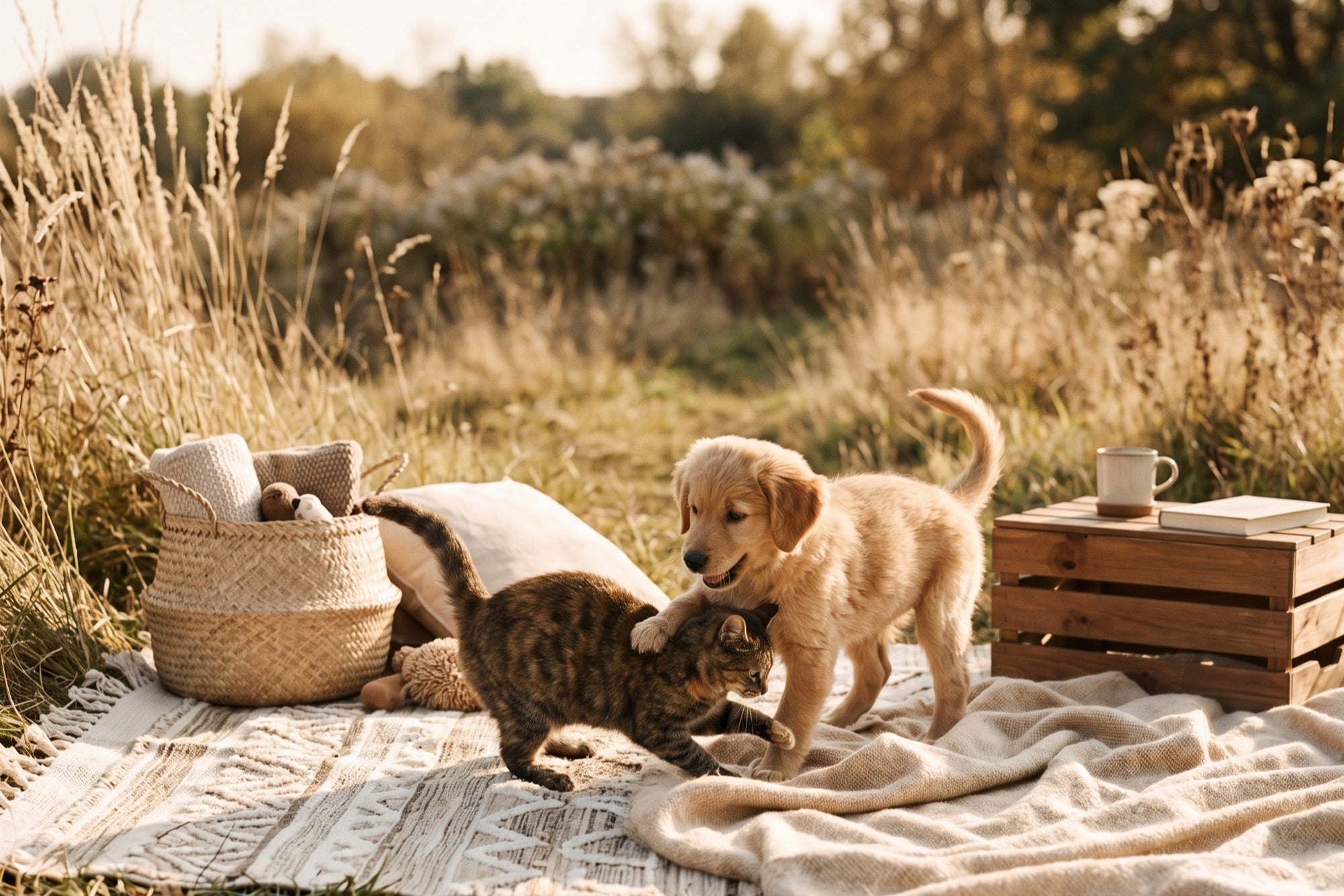 A puppy and kitten playing outdoors in the sun