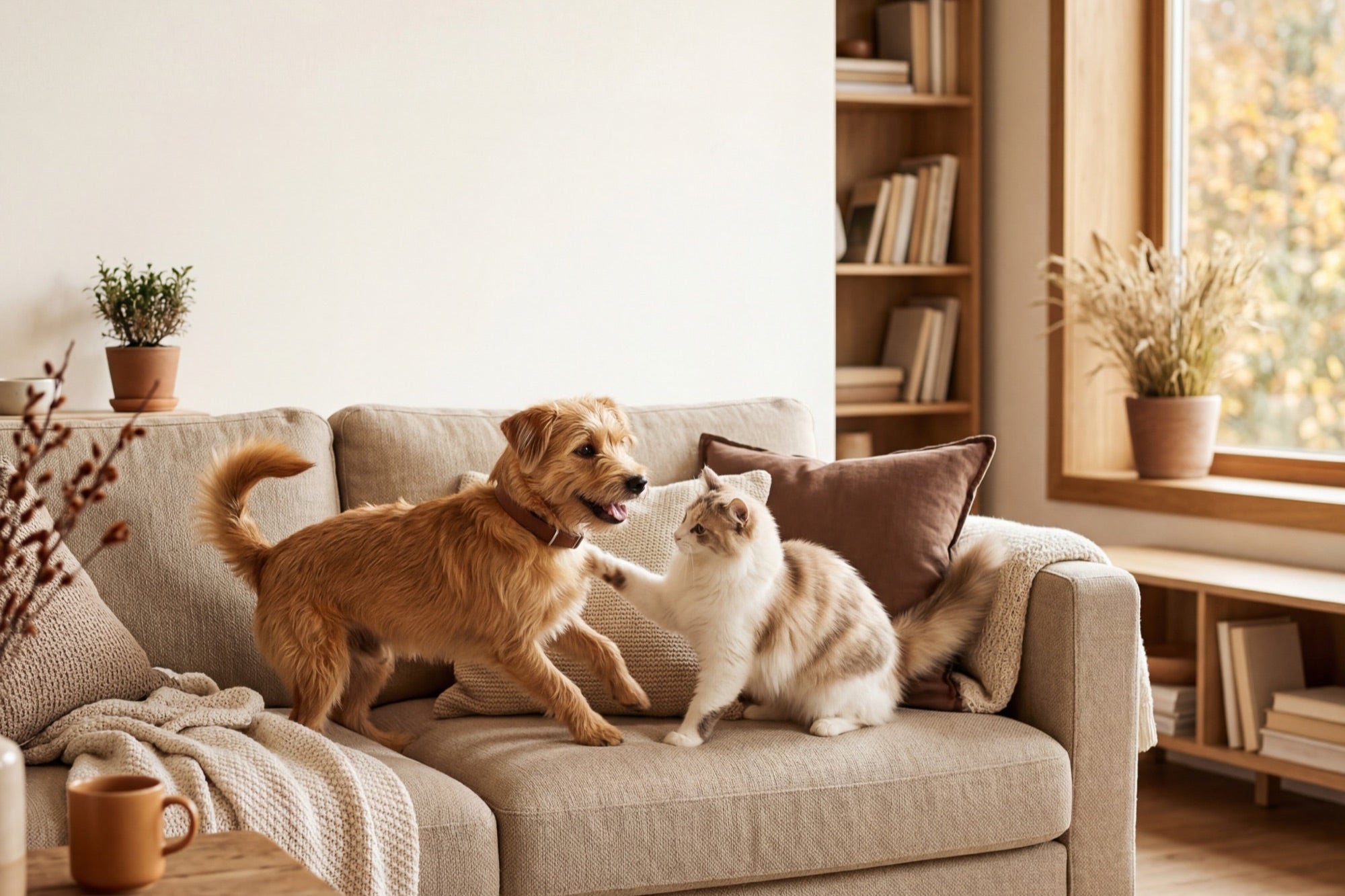 A dog and cat playing on a sunlit sofa